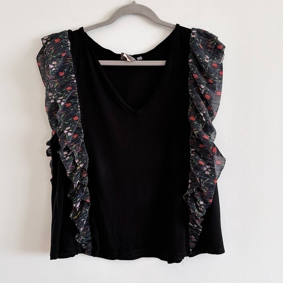 Anthropologie Vanessa Virginia indak metallic ruffle black tee - Picture 1 of 7